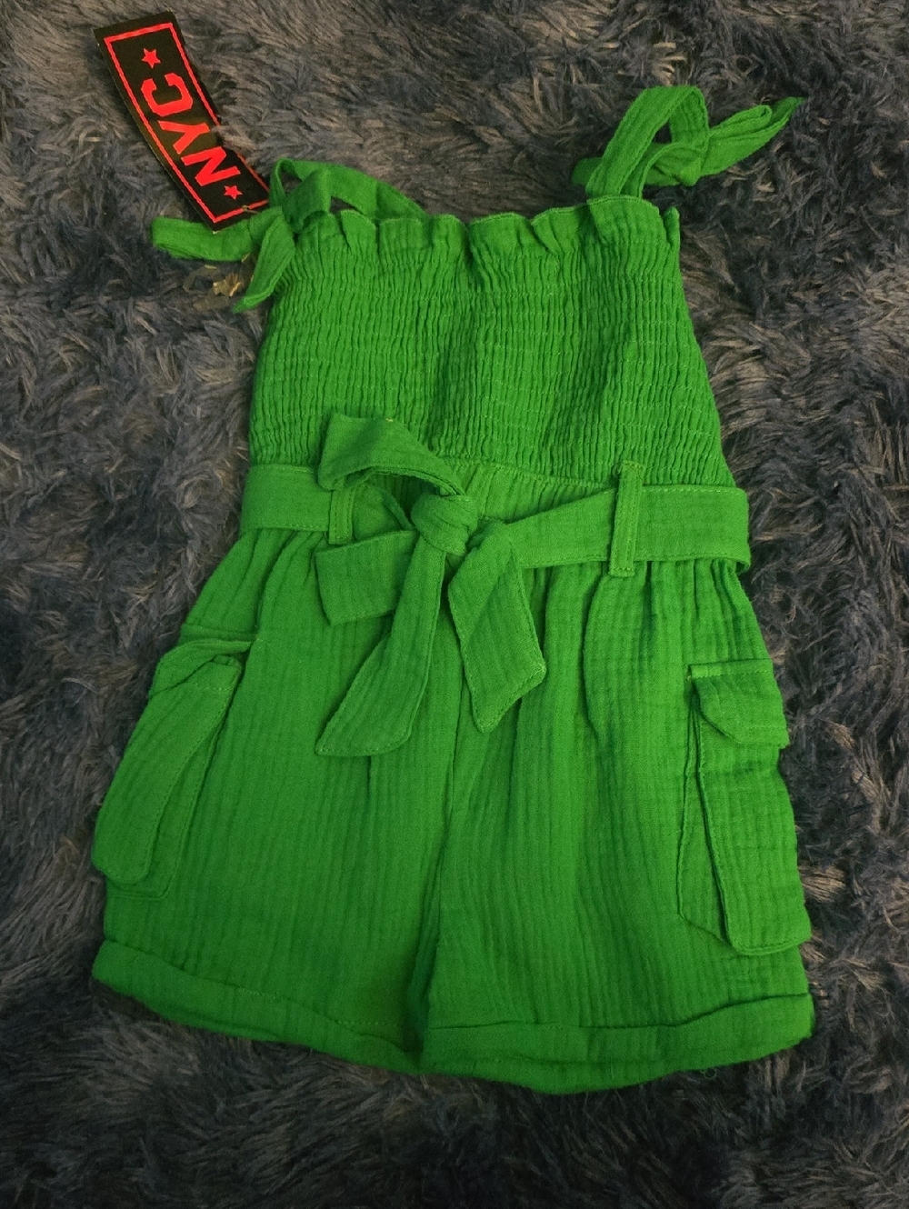 NYC Bright Green Smocked Tie-Waist Girls' Romper